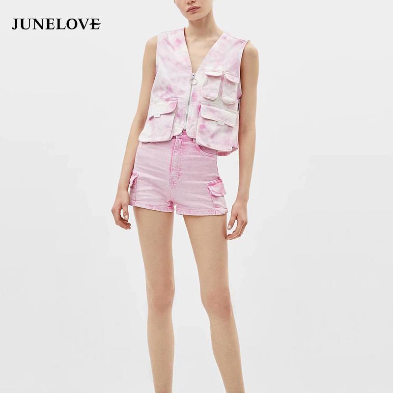 

Women's Blouses & Shirts JuneLove Women Summer Sleeveless Print Denim Blouse Vintage Suits Zipper Lady Sets Casual Holiday Top, Skirt