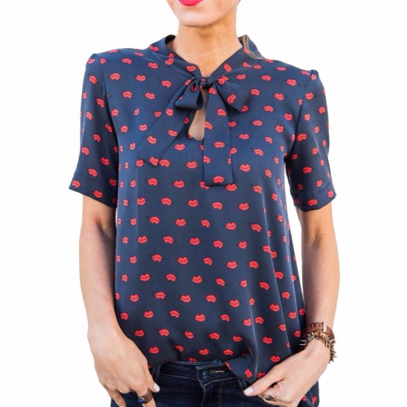 

Large Size 3XL 2022 Summer Women Chiffon Red Lips Print Blouse Shirt V Neck Short Sleeve Bow Tie Casual Black White Blouses Tops Women