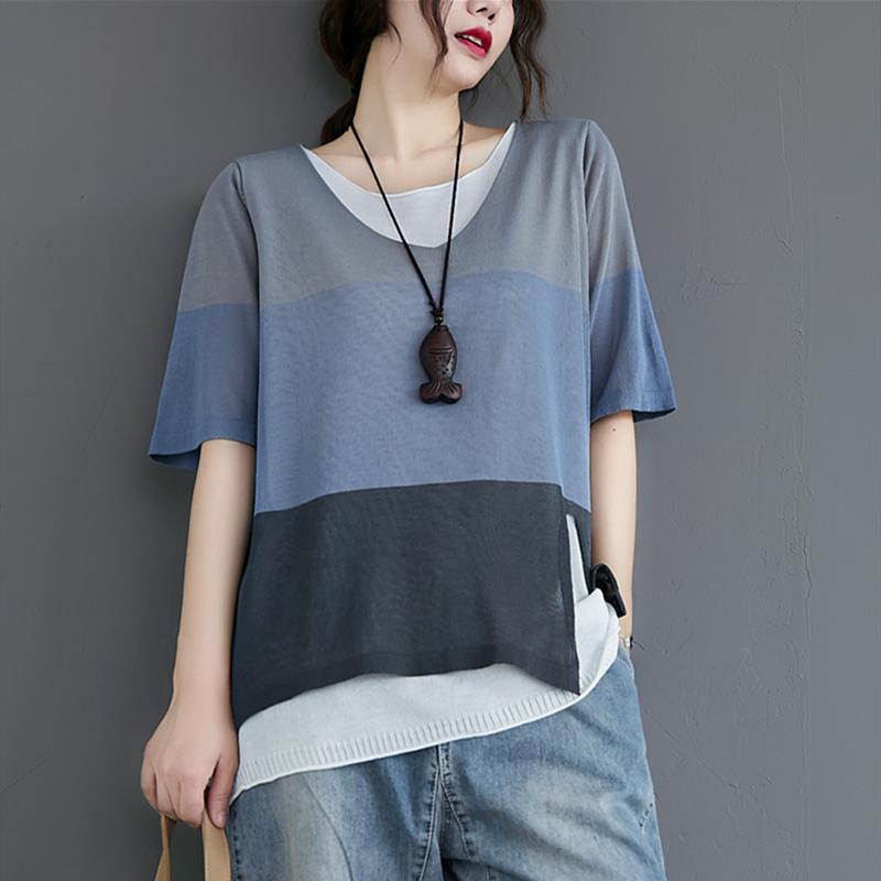 

Women's T-Shirt Femme Hit Color Stripe Fake Two Pieces T Shirt Women Summer Loose Casual V-neck Ice Silk Thin Tshirt Playeras Mujer Z322Wome, Dark grey