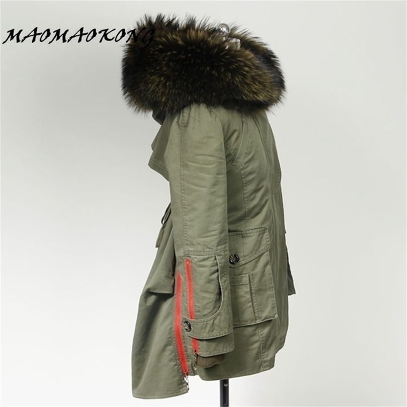 

Autumn Winter Coats Women Jackets Long Real Large Raccoon Fur Collar Thick Fur Liner Ladies Outwear Army Green Black 201127, Mm 31cm