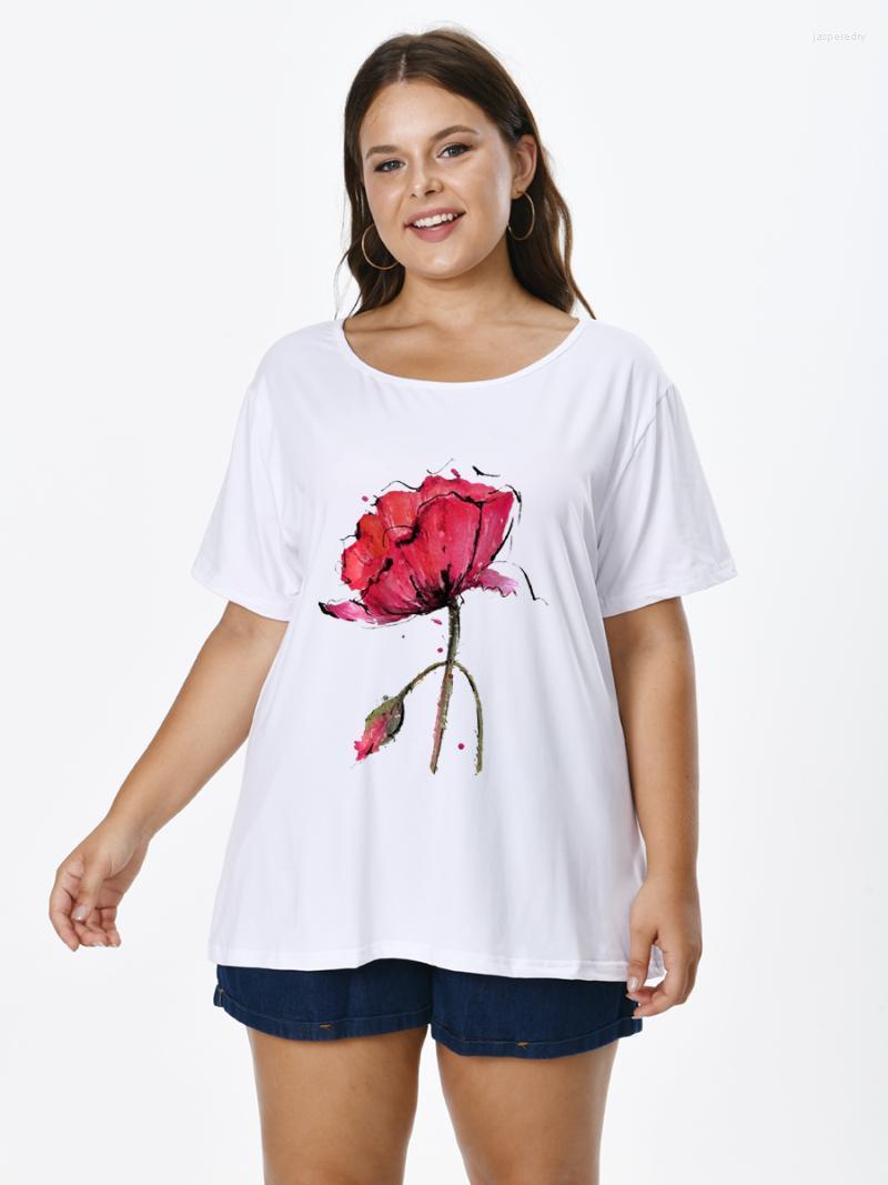 

Women's Plus Size T-Shirt Women With Flowers Print O-neck Short Sleeve Tops For FEMMES Large Tunics Blouses Mujeres Talla 22061409Women's Ja, White