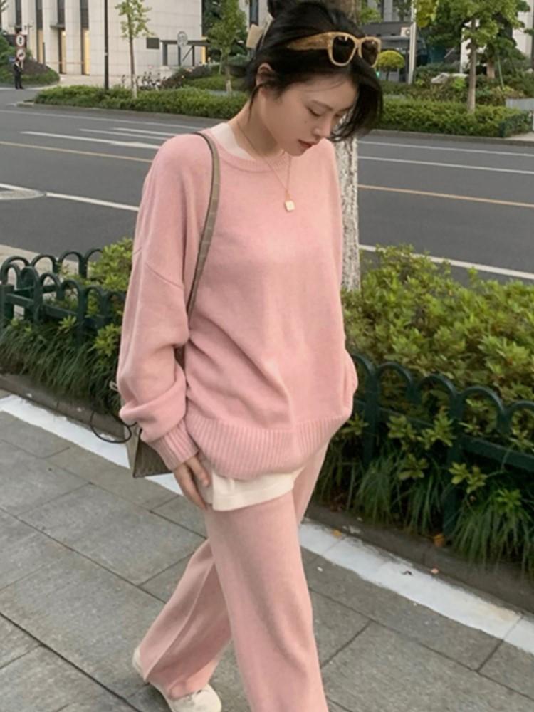 

Women's Two Piece Pants Women Casual 2 Pieces Knitted Set Long Sleeve Patchwork Sweater Trousers Autumn Winter Female Wide Leg Suit, Black