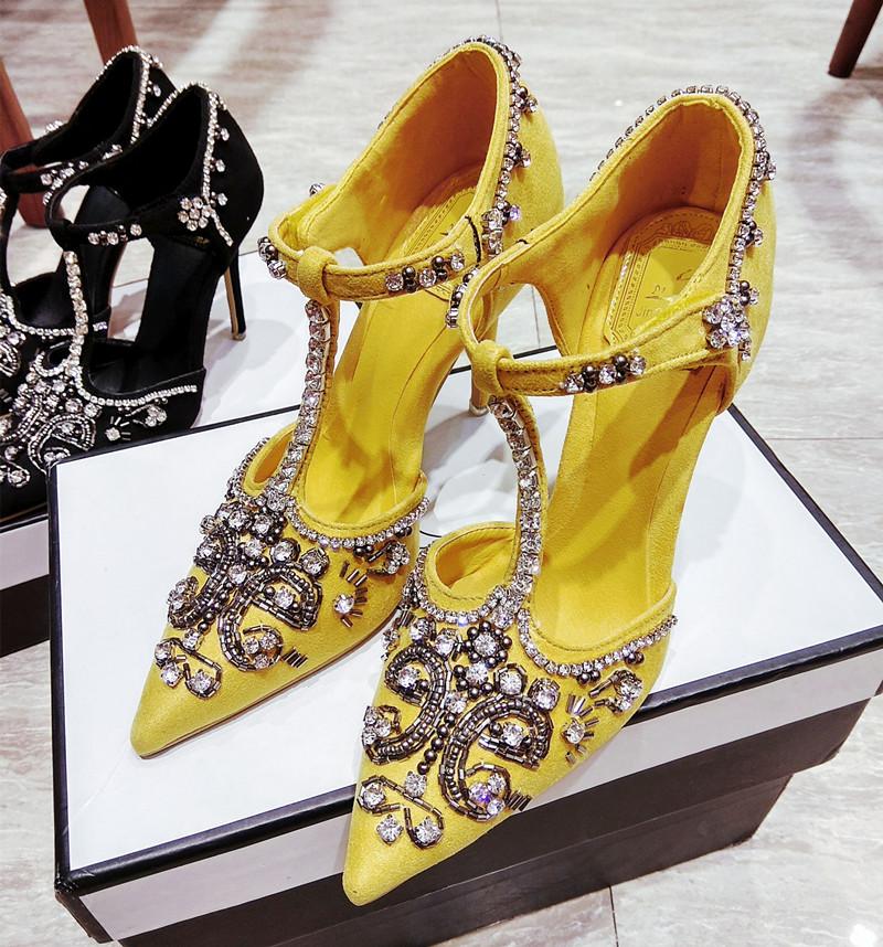 Chaussures habillées dames bout pointu Sexy noir Bling diamant jaune talons aiguilles couverture talon élégant fête grande taille chaussures robe