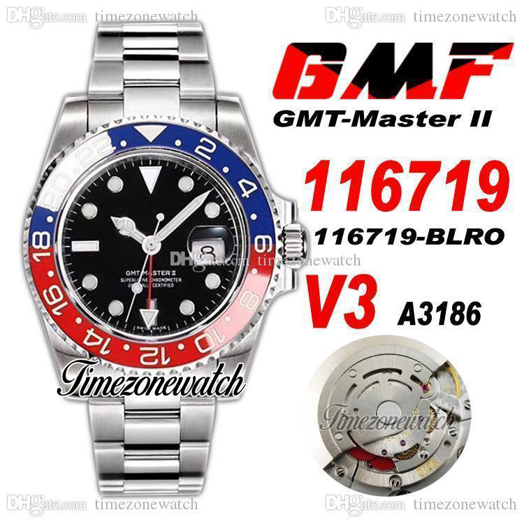 

GMF V3 GMT II 116719 A3186 Automatic Mens Watch Pepsi Red Blue Ceramic Bezel Black Dial 904L Steel OysterSteel Bracelet Warranty Card Super Edition Timezonewatch R2, Custom warranty card