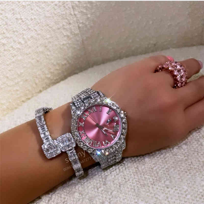 

High Quality Hip Hop Women Bling Luxury Wrist Watch Iced Out Quartz Female Watch Smaller Size Bling Watch Bangle Set Birthday Gift
