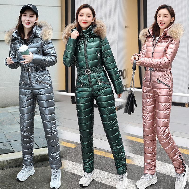 

Women's Two Piece Pants Glossy Warm Women Winter Jackets Large Fur Collar Hooded Thick Jumpsuits Parka Cotton Padded Female Ski Suit Zipper, Green