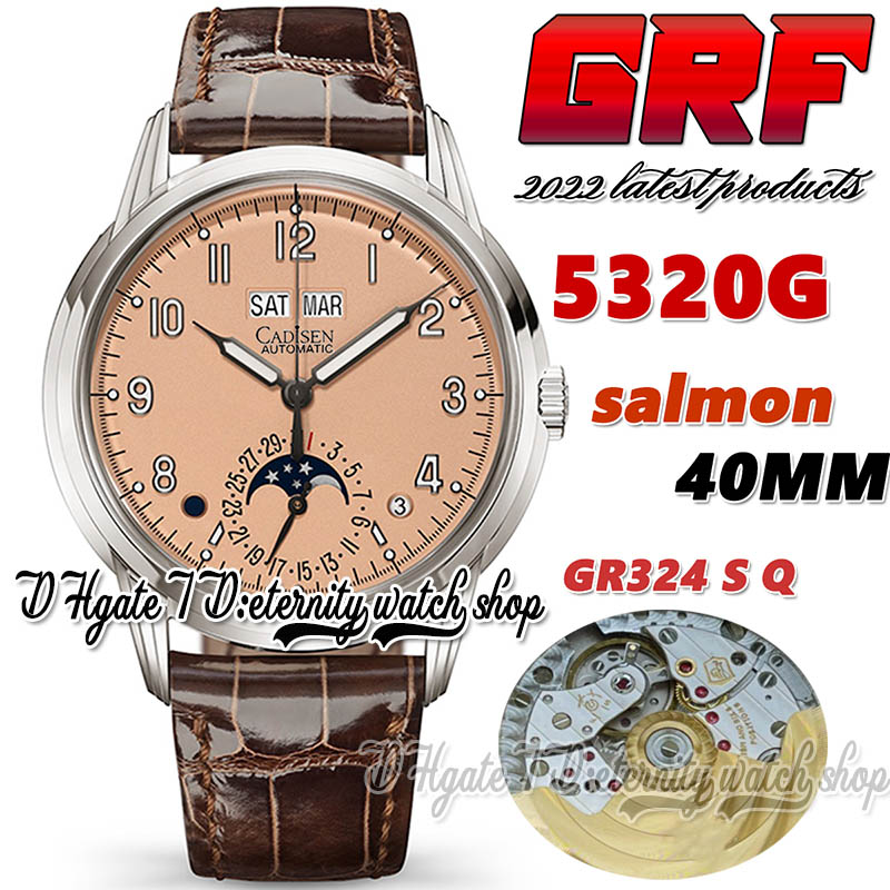 

2022 GRF gr5320 324 S Q gr324 Automatic Mens Watch 40mm Moon Phase Perpetual Calendar Salmon Dial Stainless Case Leather Band Super Edition eternity Watches 5320G-001, Watch deep waterproof production cost