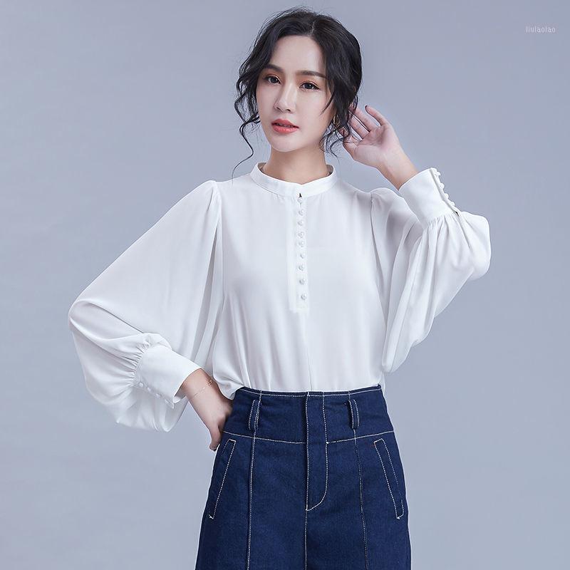 

Lantern Sleeve Blouse Women 2022 Fashion Stand Collar Loose Long Tops Office Lady Shirts Female Solid Color Clothes Women's Blouses &, Purple