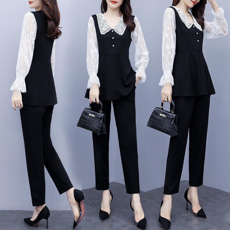 

Women's Two Piece Pants Spring Elegant Women's Set Fashion Stitching Chiffon Shirt Top Trousers Two-piece Female Tracksuit E188Women's, Black