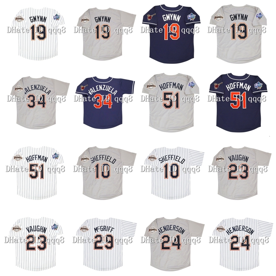 

Na85 1998 Retro 19 Tony Gwynn Jersey 34 Fernando Valenzuela 24 Rickey Henderson51 Trevor Hoffman 10 Gary Sheffield 23 Greg Vaughn 29 Fred McGriff, As pic