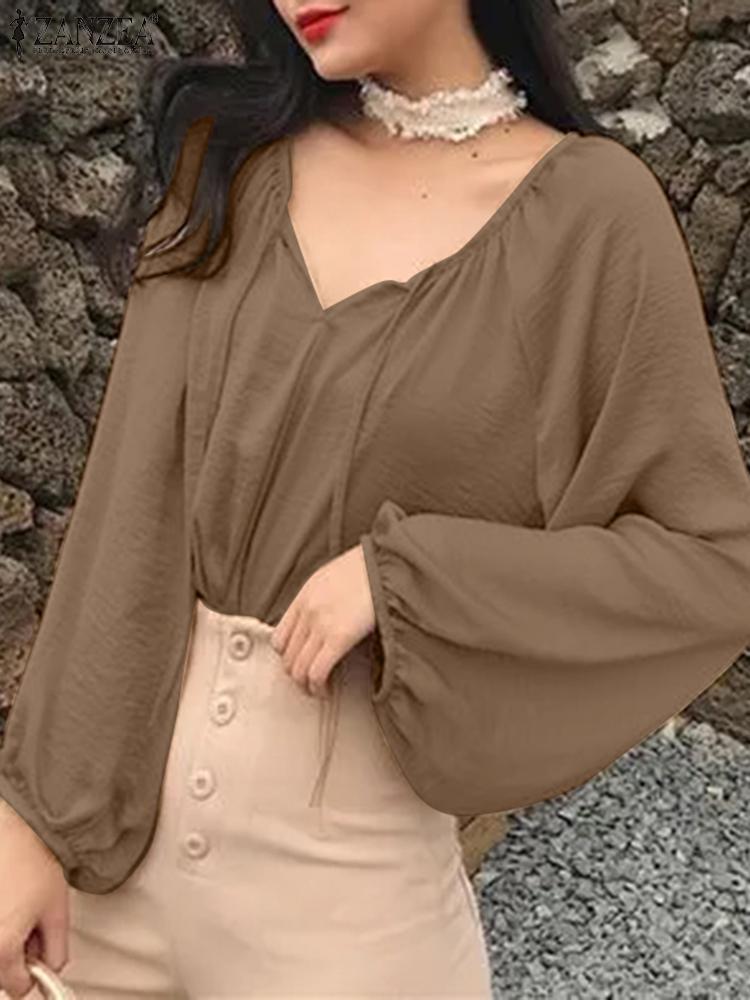 

Women' Blouses & Shirts Casual Long Sleeve Loose Holiday Tops Spring Elegant V Neck Blouse Fashion Office Work Shirt Solid Party Blusas Che, Khaki