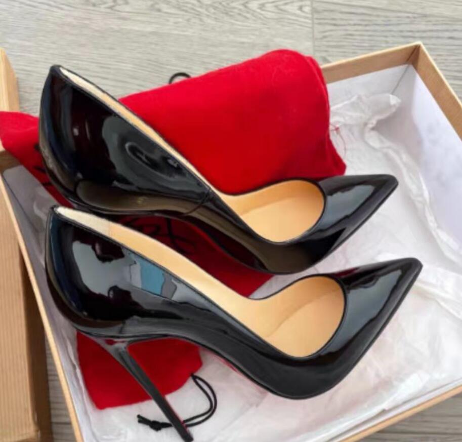 So Kate Classics Women High Heels Shoes Red Shiny Bottoms 8cm 10cm 12cm Pointed Toe Red Sole Nude Black Patent Leather Lady Red Wedding Pumps With Box