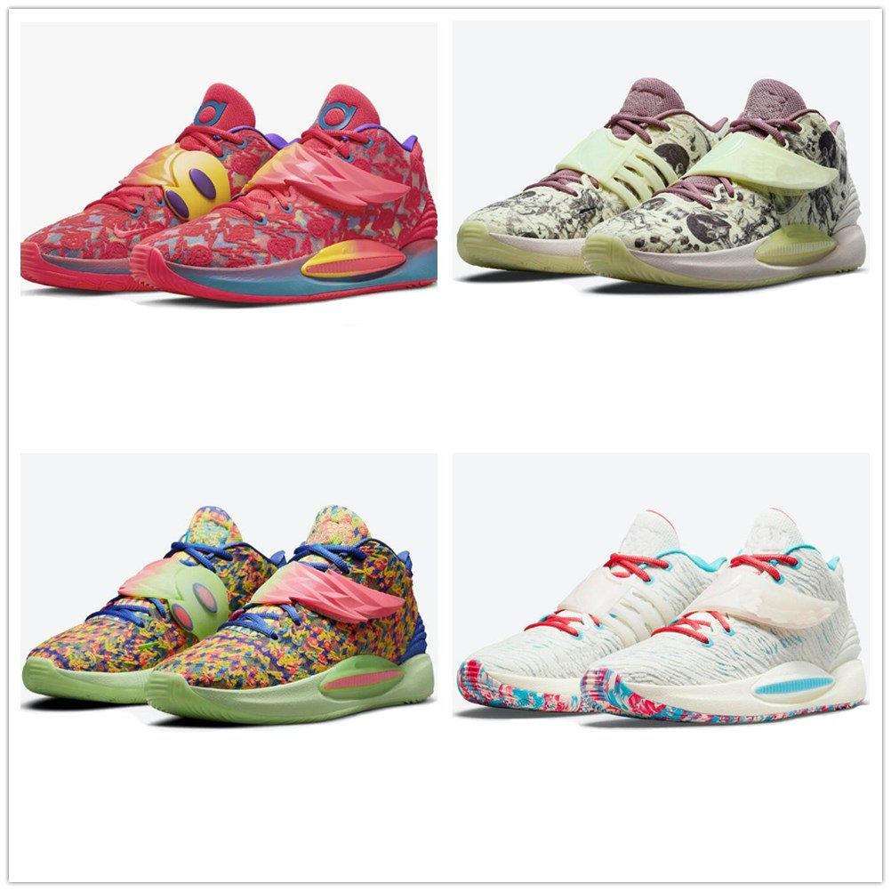 

Womens KD 14 Ron English kids shoes for sale DO6903-400 Boys men women black white basketball shoes Hiking Footwear, Red