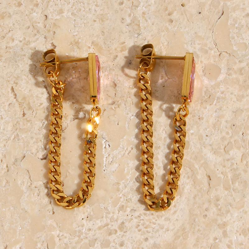 

Dangle & Chandelier Year's Jewelry Double Side Green Red Pink Black White Rectangle CZ Stone Cuban Chain Gold Stud Earrings For WomenDan