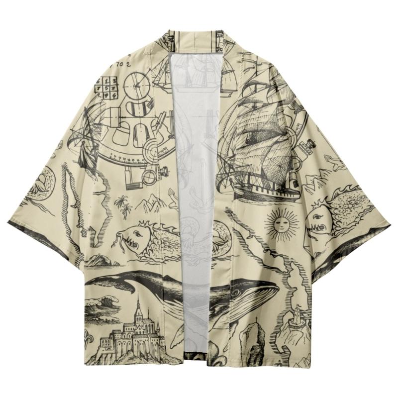 

Men's Casual Shirts Bohemian Style Texture Summer Short Sleeve Kimono Shirt Unisex WearMen's, Beige