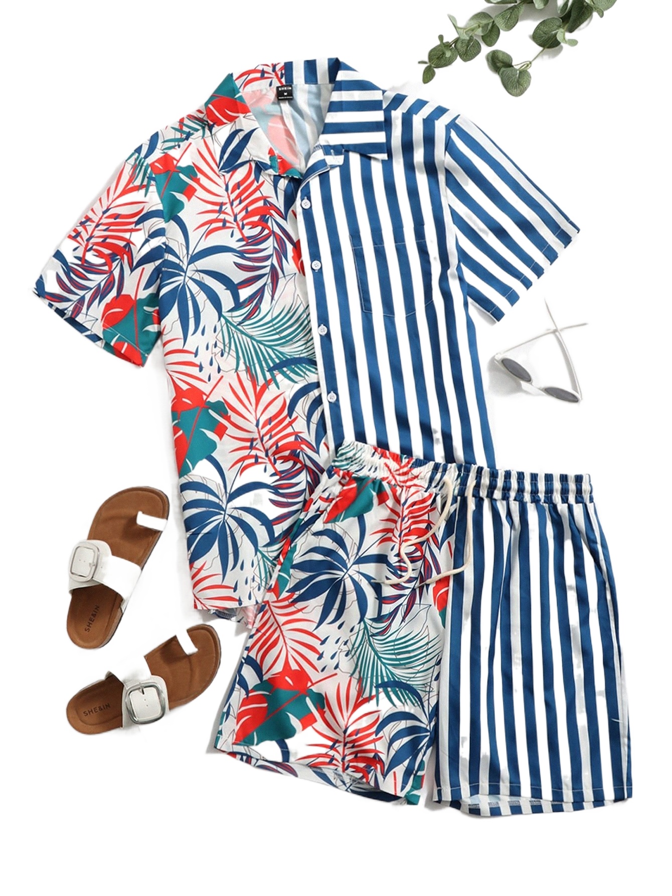 

men Striped & Tropical Print Shirt & Drawstring Waist Shorts B2ia#, Multicolor