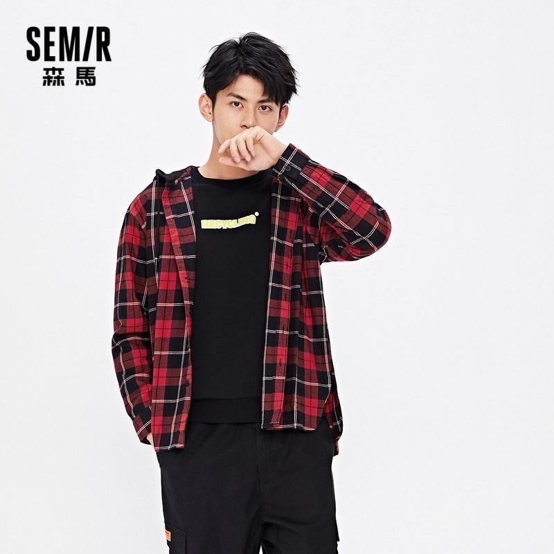 

Autumn Loose Long Sleeve Shirts Men Fashion Plaid Stitching Cotton Retro Hooded Shirt Trend Man Men's Casual, Black and red