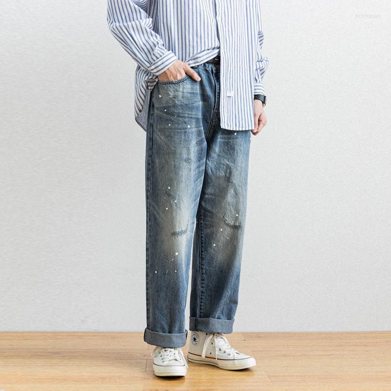 

Men' Jeans Trendy Men' Water Wash Splash Paint Dot Moustache Effect Hole Make Old Straight Tube Young Versatile TrendyMen' Bert22, Blue