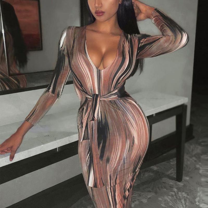 

Casual Dresses Water Ripple Illusion Printed Long Sleeve Maxi Dress Women Sexy V Neck Bandage Bodycon Female Robe Elegant Party Prom