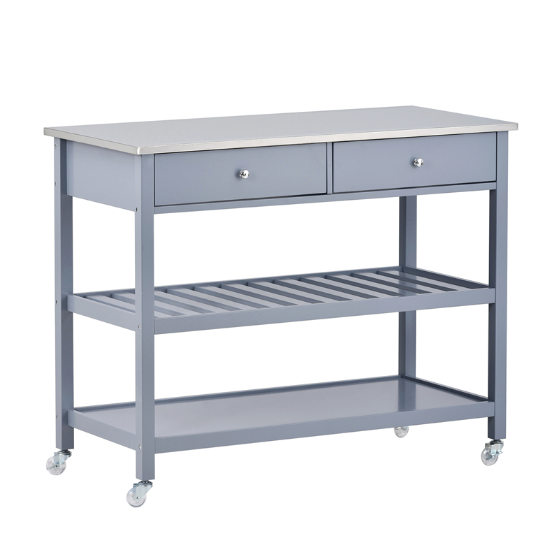 

Home Dining Room Rolling Kitchen Cart with Stainless Steel Top and Locking Wheels 43.3 Inch Width TwoDrawers and two Open Spacious Storage Shelves Bamboo Wood