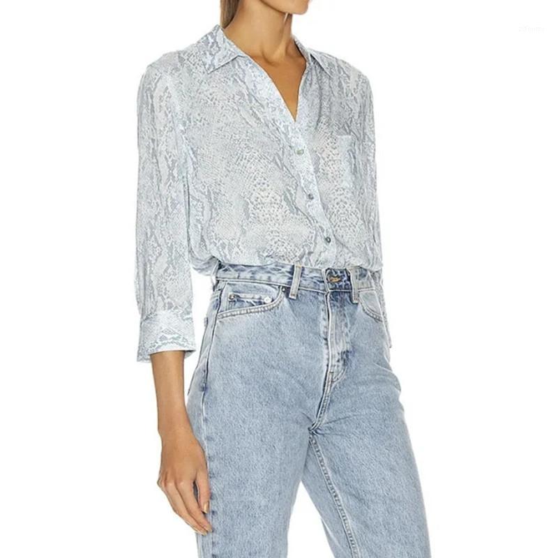 

Women' Blouses & Shirts Early Autumn Snake Print Blouse Irregular Hem Long Sleeve Loose Turn-down Collar Single Breasted Ladies Shirt Top