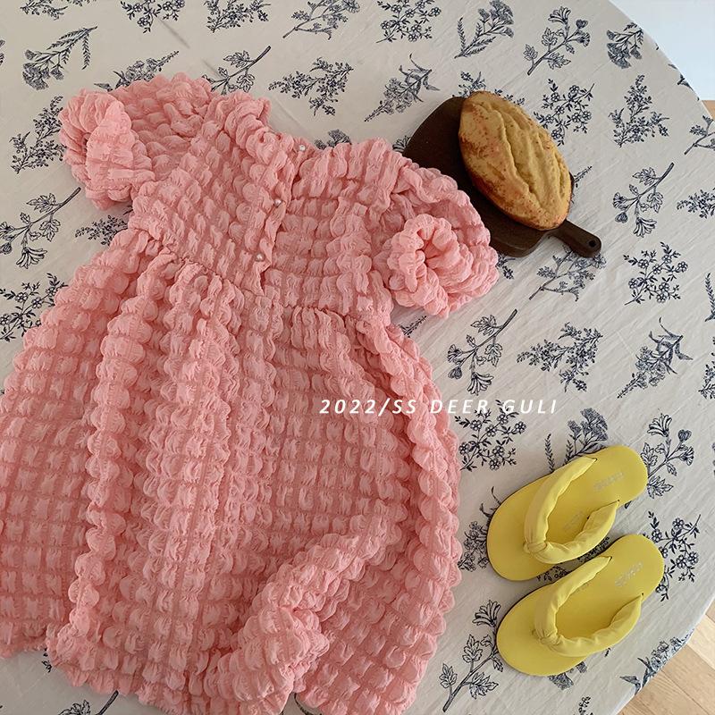 

Girl's Dresses Girls' Spring Dress Korean Children's Bubble Sleeve Pink Princess Skirt Little Girl Short SleeveGirl's