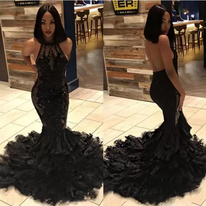 

2022 Black Girl Sexy Backless Mermaid Long Prom Dresses Halter Illusion Tulle Applique Beaded Feather Layers Sweep Train Evening Gowns BC1273 C0520526
