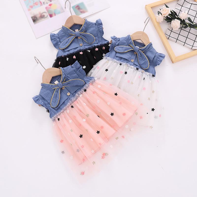 

Girl's Dresses Summer Baby Girls Dress Fashion Denim Sleeveless Stitching Gauze Print For GirlsGirl's