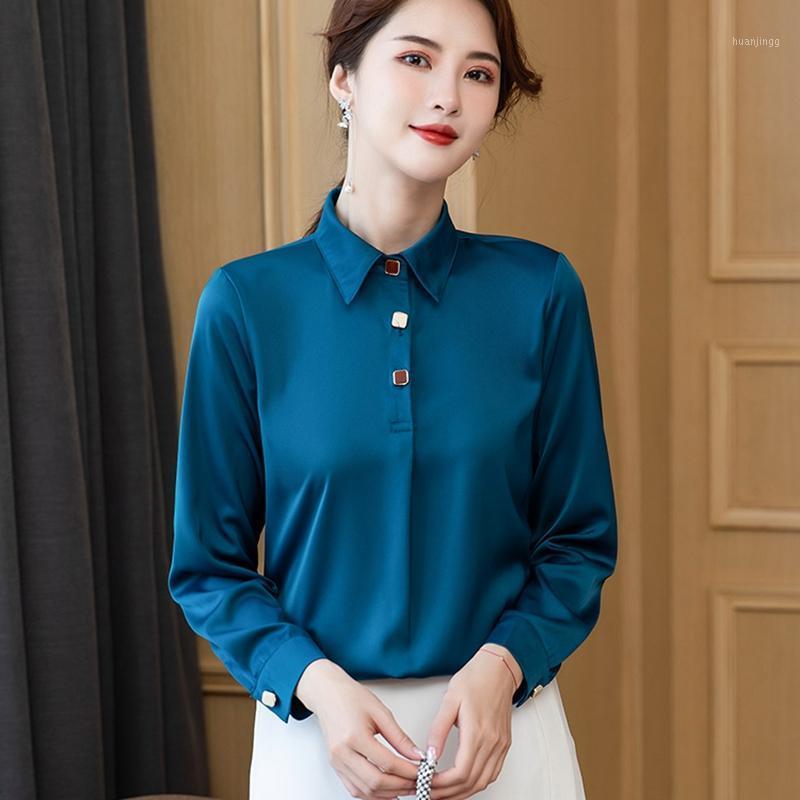 

Women's Blouses & Shirts Satin Silk Shirt Women Blouse Spring Autumn Fashion Design Button Long Sleeve Office Ladies Work Female Tops Clothe, Blue