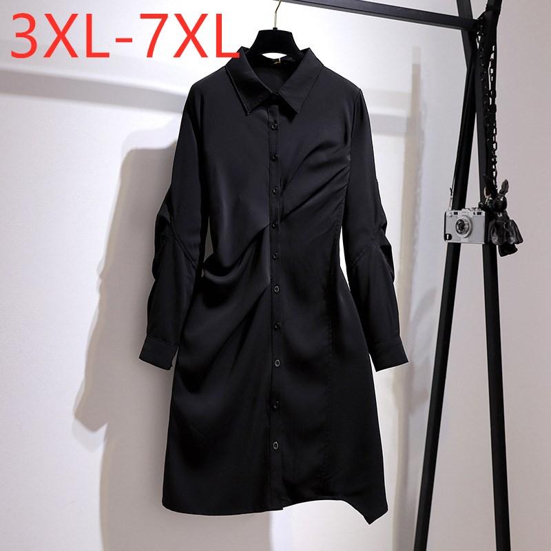 

Plus Size Dresses Ladies Spring Autumn Shirt Dress For Women Large Long Sleeve Black Button Ruffle Mini  5XL 6XL 7XLPlus