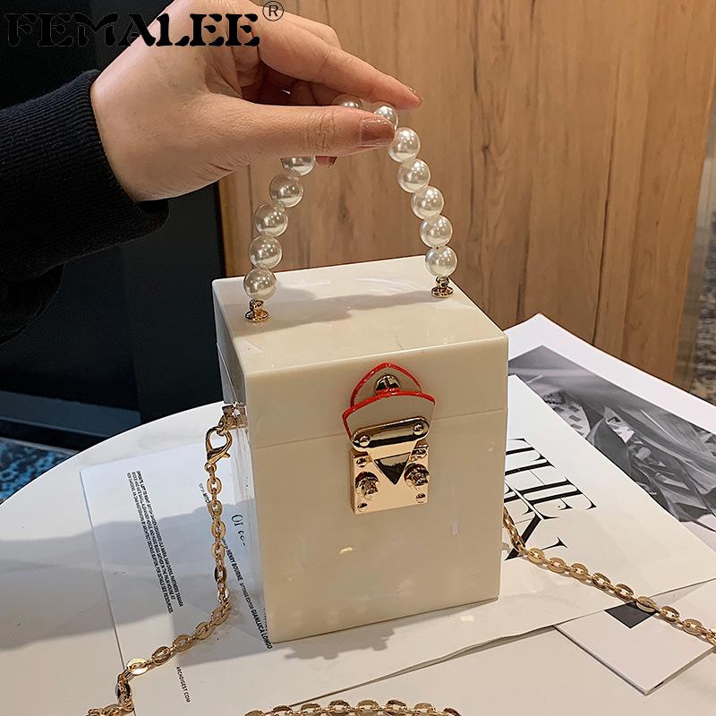

Shoulder Bags Acrylic Fashion Women Box Bag Peal Beaded Handle 2022 Small Women's Cross Body Messenger Mini Clutch PurseShoulder, Beige