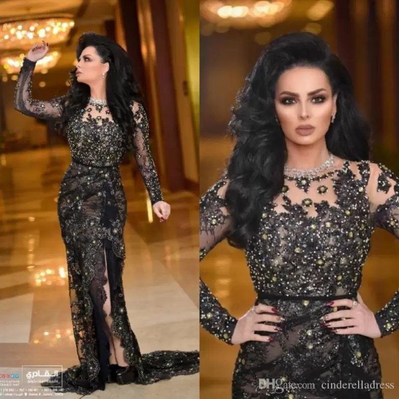 

Elegant Arabic Black Lace Long Sleeve Evening Dresses With Split Mermaid Prom Dresses Mother of the Bride Gowns, Brown