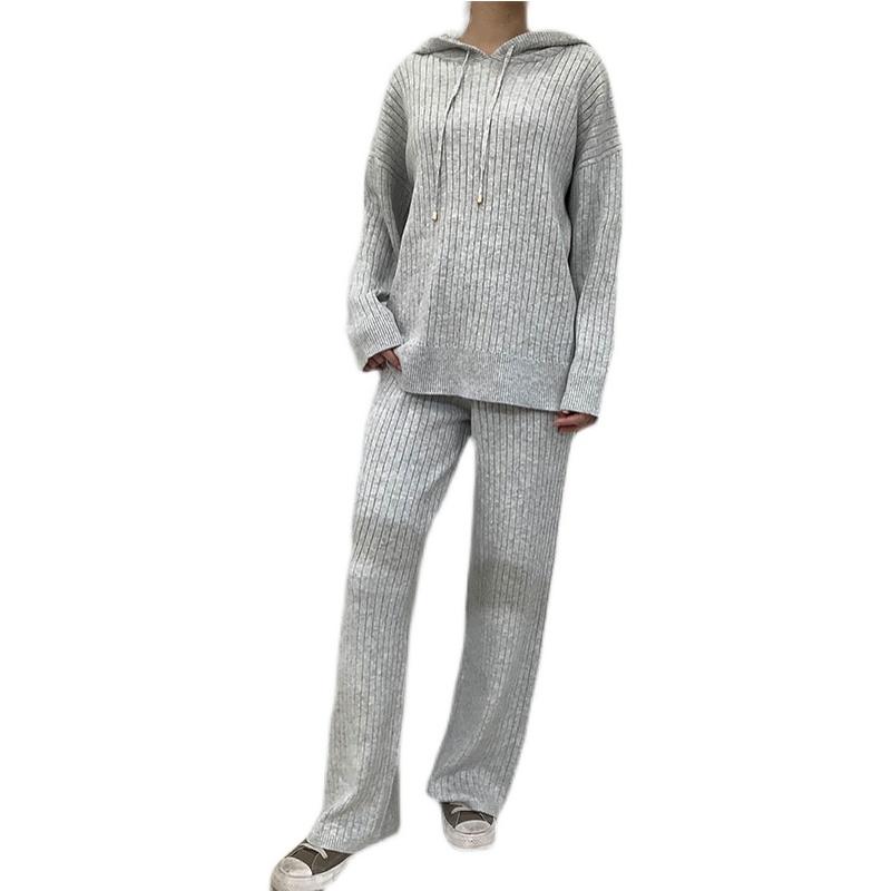 Women's Two Piece Pants Mink Cashmere Green Color Hoody Sweater Warm Wool Pant Leisure 2 Pieces Set Suit Vertical Stripes SuitWomen's