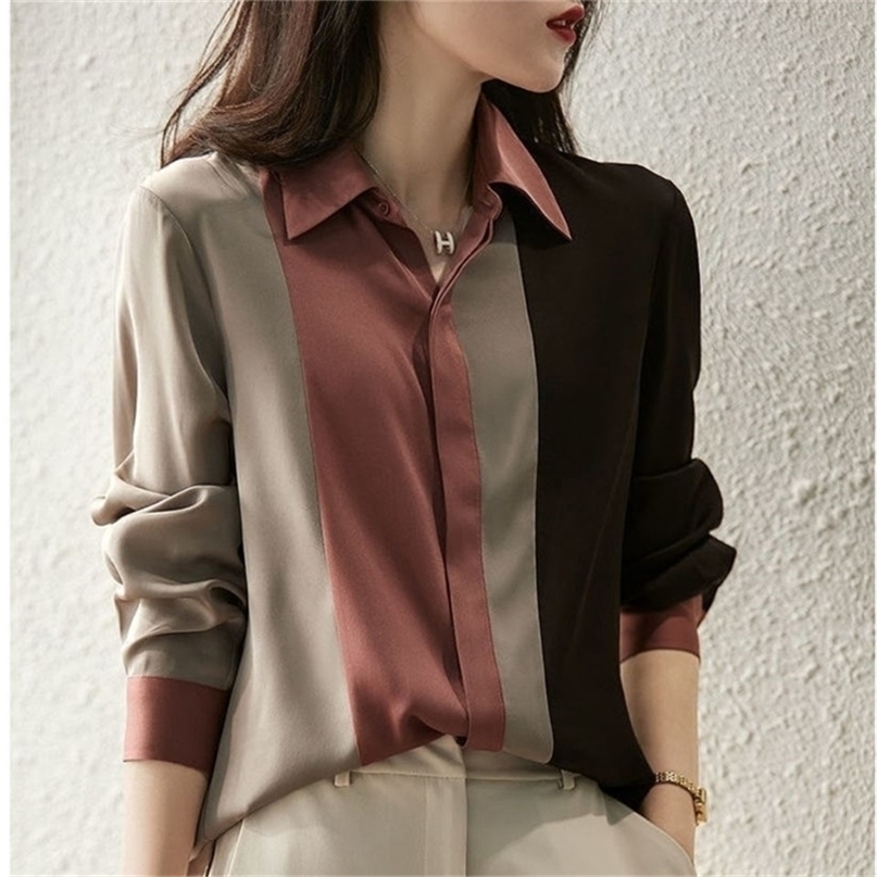 

Fashion Patchwork Striped Chiffon Women Shirt Spring Office Lady Casual Lapel Long Sleeve Button Blouse Female 220419, As picture