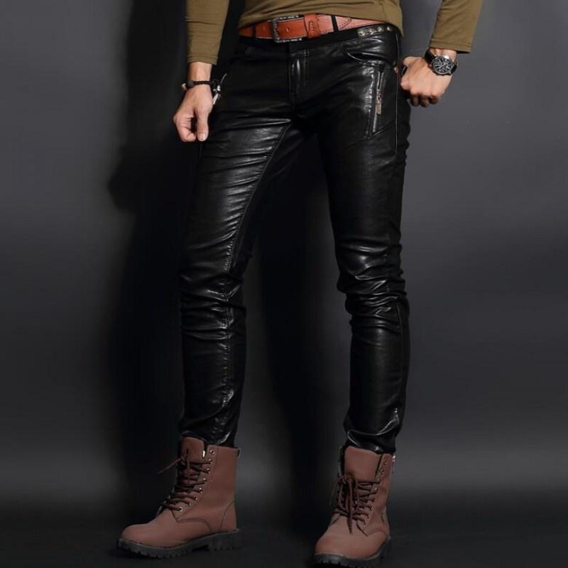 

Men's Pants Top Fashion PU Leather Mens Trousers Motorcycle Europe Punk Man Slim Fit Male Plus Size 28-36Men's, Black