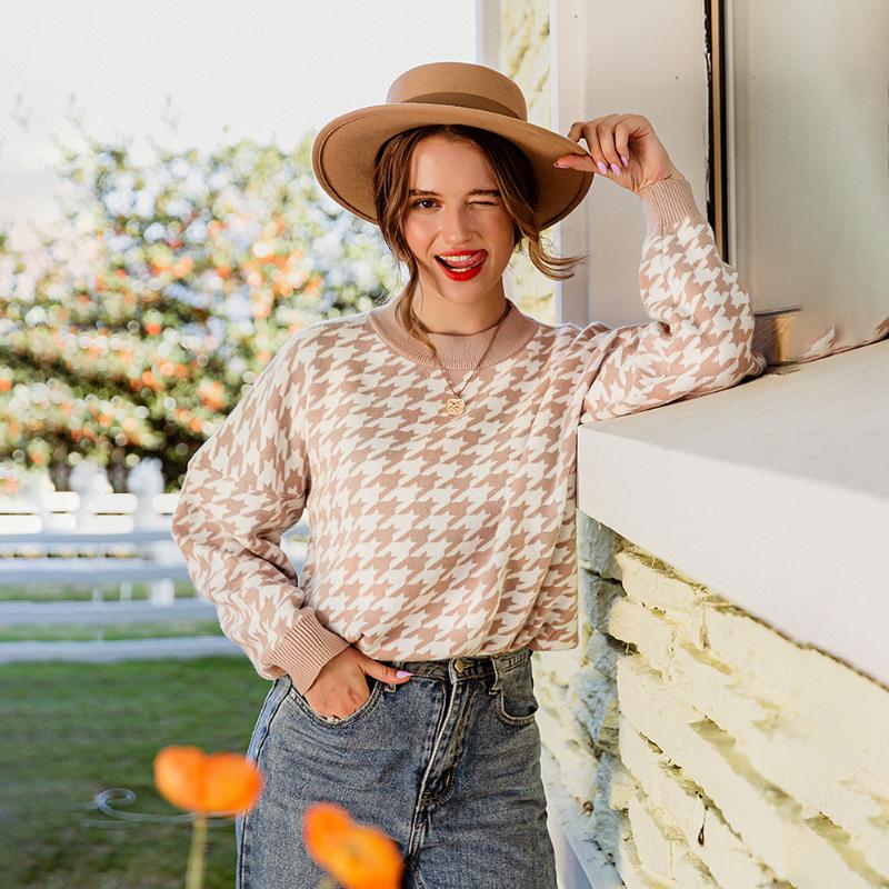 

Women's Sweaters Women Sweater Winter Korean Clothes Khaki Knitted Casual Houndstooth Pullover Female Autumn Retro Jumper Long Sleeve Tops, White;black