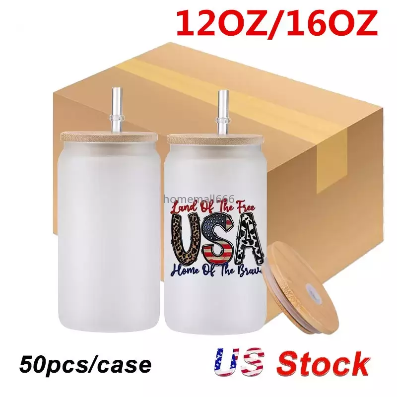 

1 Days Delivery US STOCK 12oz Sublimation Glass Blanks With Bamboo Lid Frosted Sublimation Beer Can Glass Borosilicate Tumbler Mason Jar Cups Mug With Plastic Straw, Froested with straw and lid
