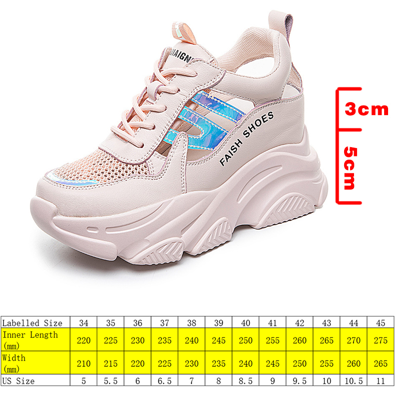 

Genuine Leather Women Summer Shoes Air Mesh Breathable Casual Shoes Sandals Hollow 8cm Platform Sneakers Chunky Shoes, White-1
