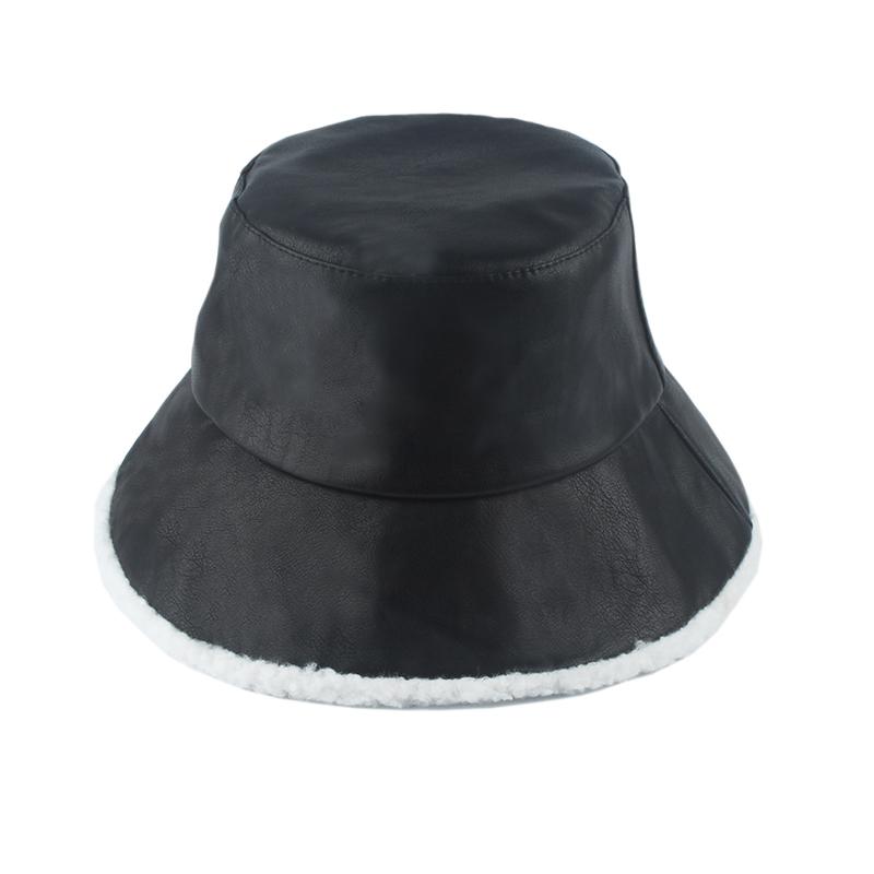 

Berets Autumn Winter Faux Leather Waterproof Bucket Hat Women Lambswool Fleece Warm Fishing Cap Fashion Panama Fisherman HatBerets, Black
