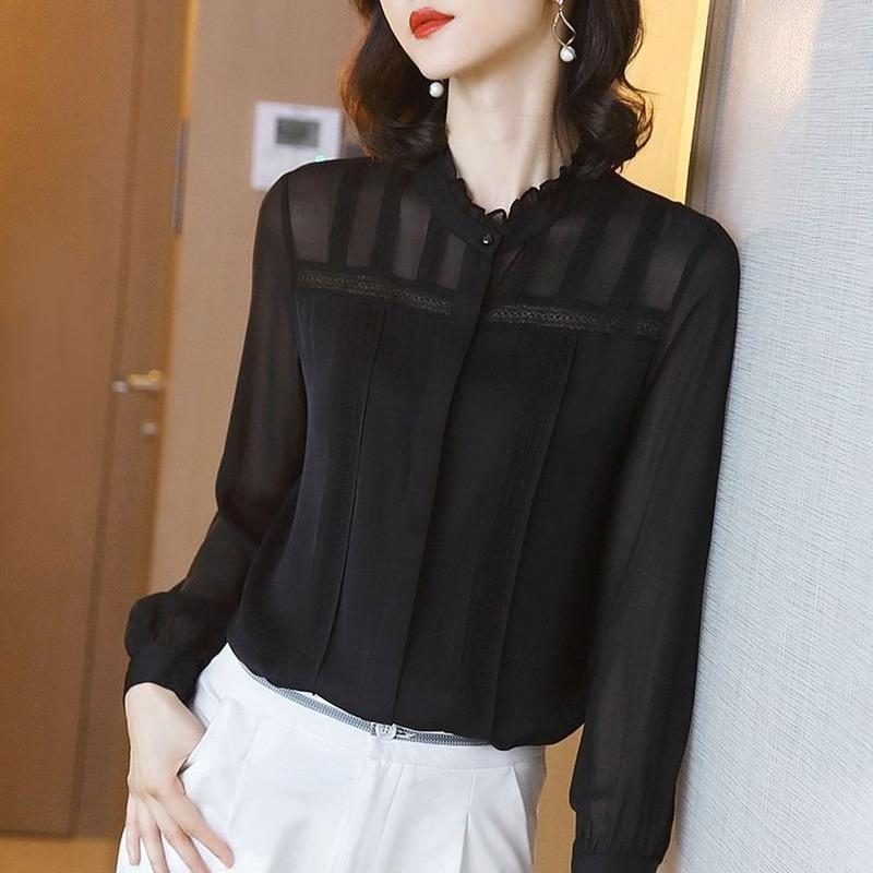 

Women' Blouses & Shirts Chiffon Women Summer 2022 Black Ruffles Neck Long-Sleeved Office Lady Elegant Blouse Outwear Top Quality Oversize 4