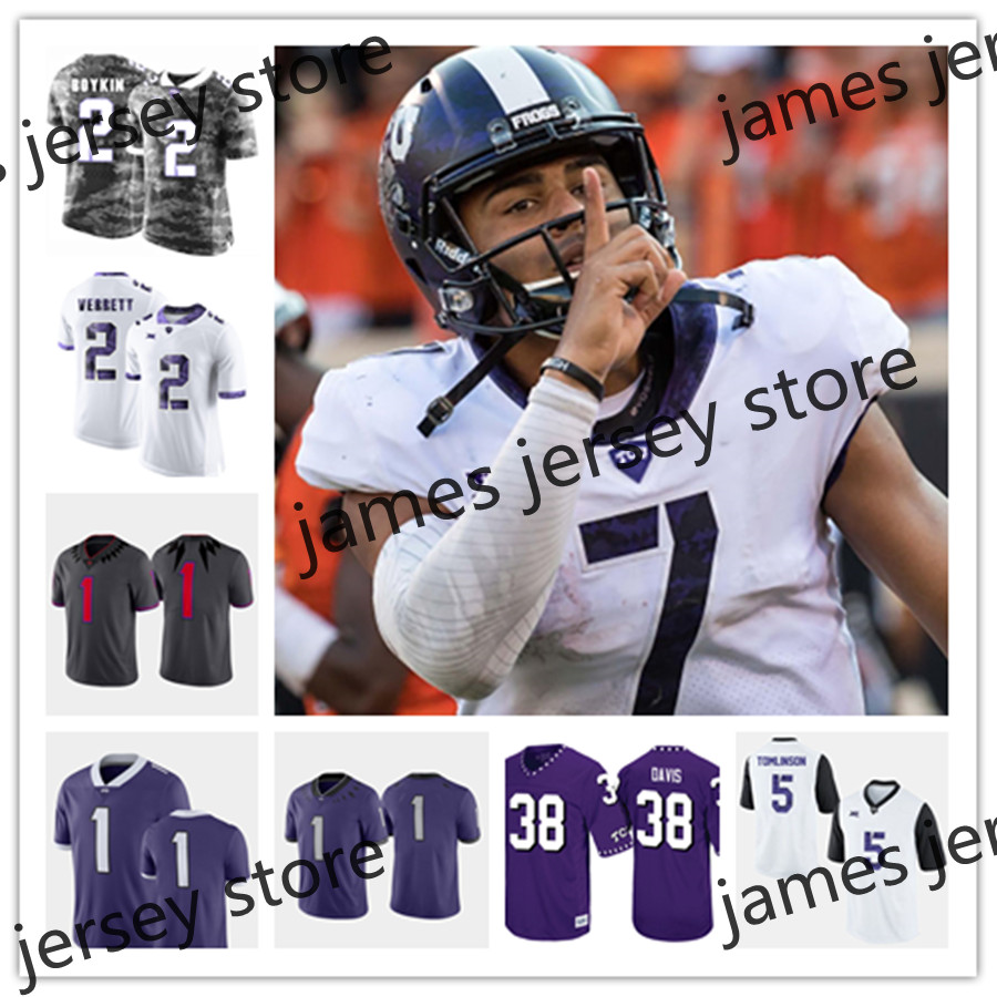

NCAA Custom TCU Horned Frogs Football Jersey 30 Denzel Johnson 26 Derrick Kindred 1 Jalen Reagor 94 Josh Carraway 69 Aviante Collins 22 Aaron Green 20 Deante Gray, Purple