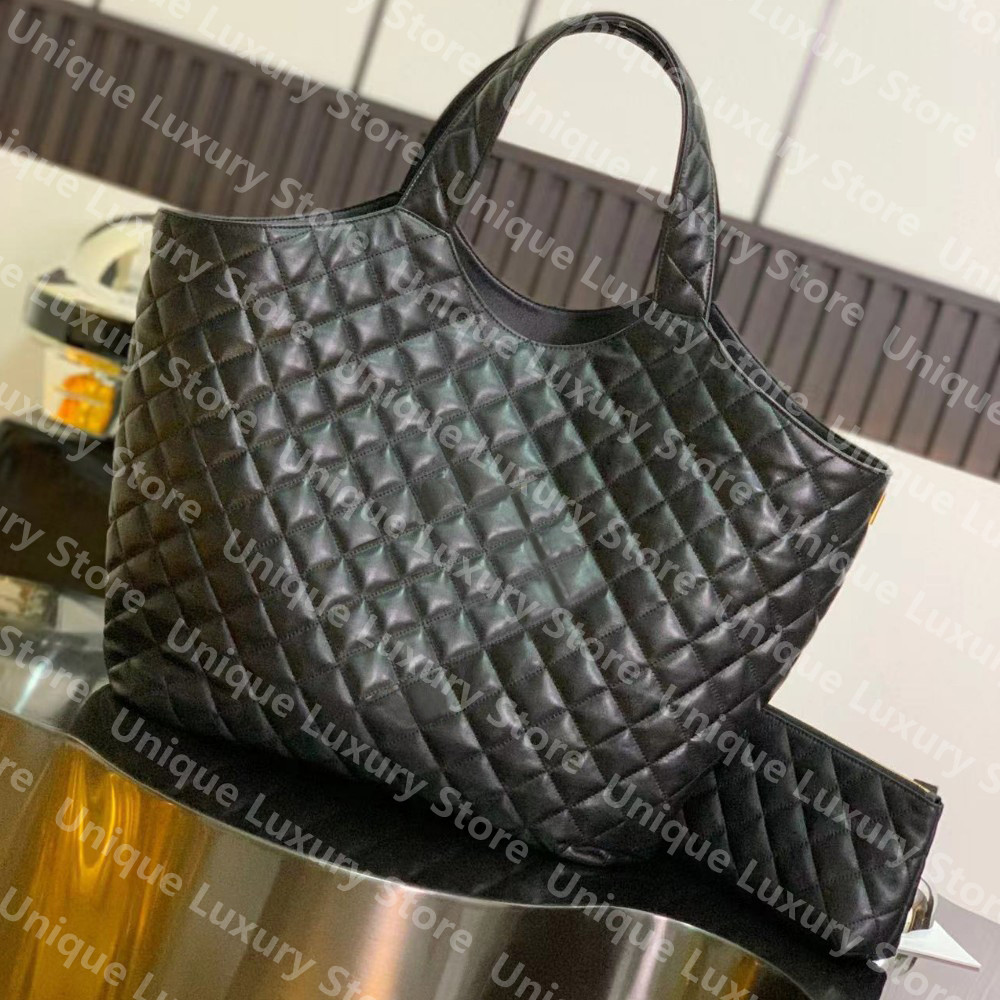 

ICARE Maxi Shopping Bag In Quilted Lambskin Womens Luxury Brass Metal Hardware Chain Ladies Large Capacity Tote Shoulder Bags With Zipped Pouch 698651, Black.