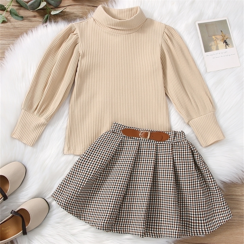 

Girls Rib-knit High Neck Tee & Plaid Pleated Skirt SHE, Multicolor