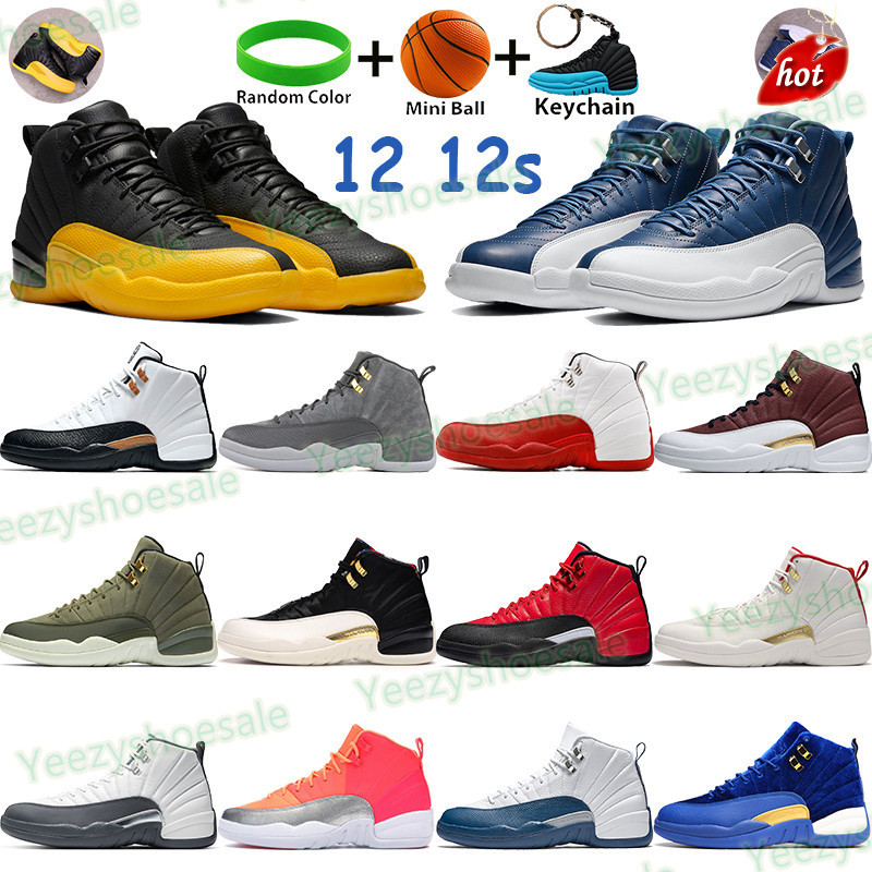 

TOP University gold 12 12s mens basketball shoes high sneakers indigo CNY black royal blue cherry white dark grey sunrise men sports trainers, 09. flu game