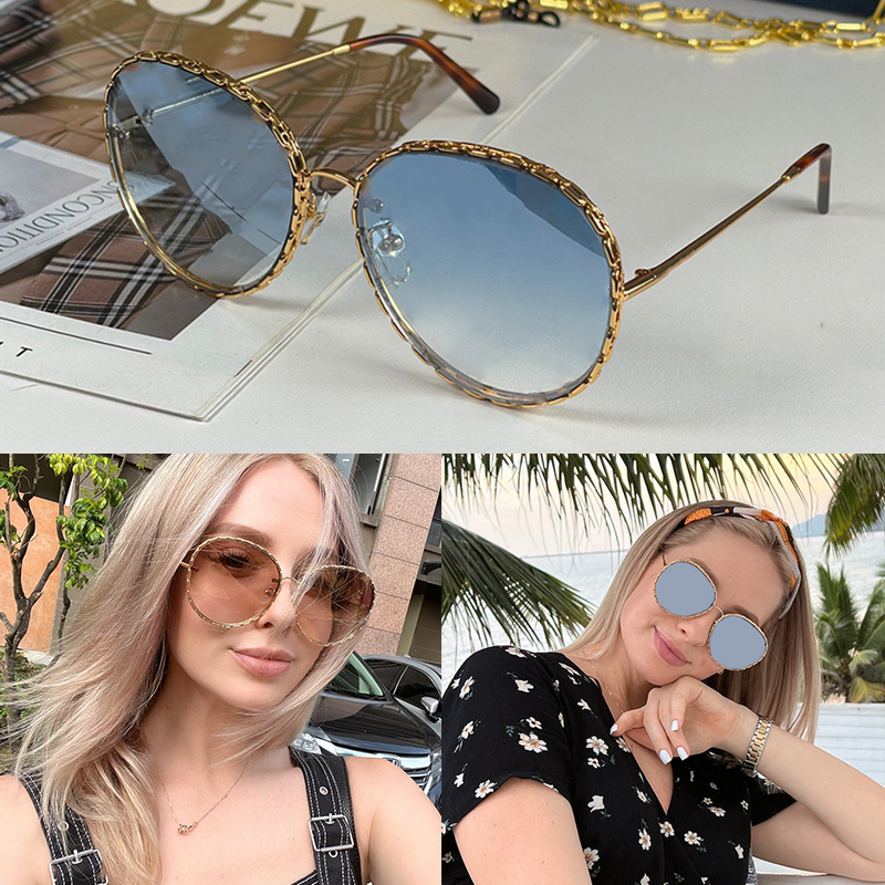 New Gradient blue lenses Sunglasses Z1623W Women Brand Designer chain links Ring Round Big Circle Flowers House signature Glasses Metal Frame Tra