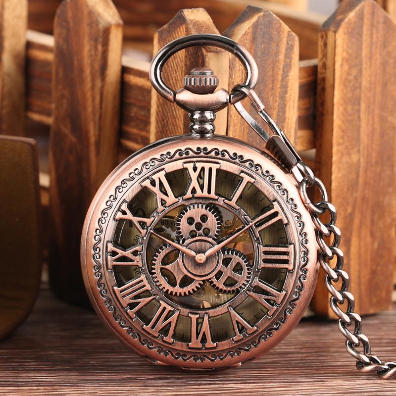 

Pocket Watches Retro Red Copper Mechanical Watch Openwork Roman Numeral Gear Case Pendant Manual Unisex Clock, Silver