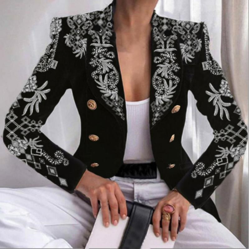 

& Women's Suits Blazers Fashion Turn-Down Collar Women Blazer Print Double Breasted Autumn Winter Lapel Long Sleeve Slim Jacket For Office, Black 2