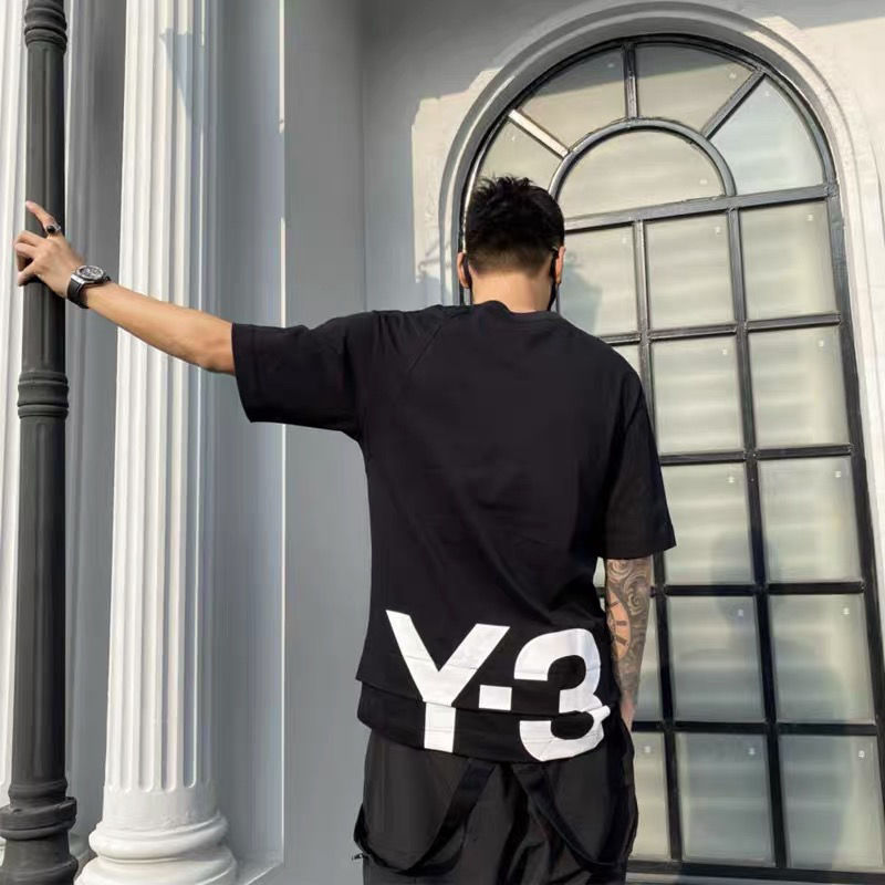 

Heat Transfer Letter Printing Round Neck Two Short-sleeved T-shirt Men and Women y3 Double Layer Loose Casual t shirt, White