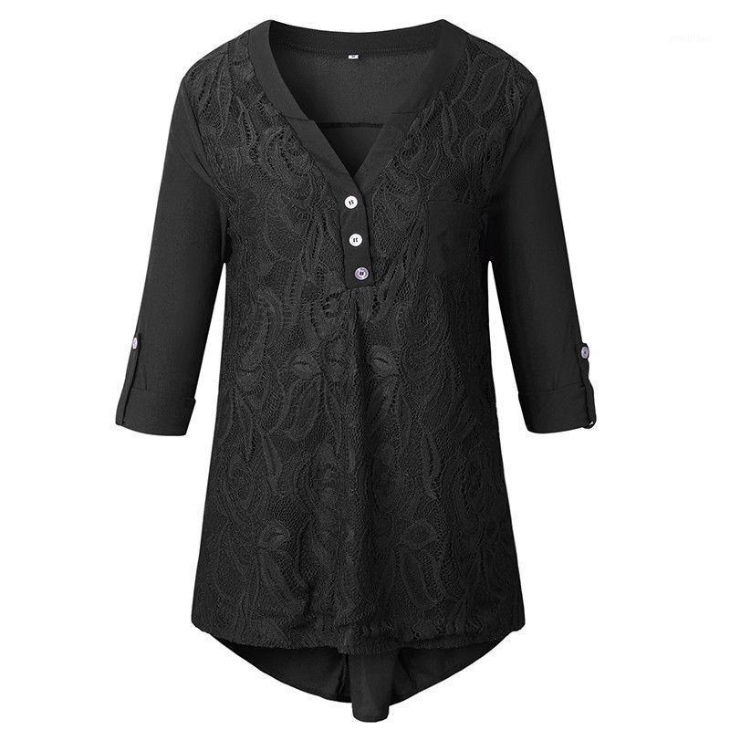 

Women' Blouses & Shirts V-Neck Office Shirt Casual Long Sleeve Lace Chiffon Button Pockets Decoration Clothes, Black