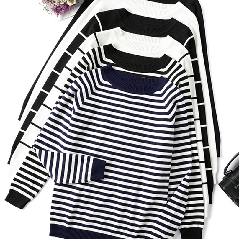 

Autumn Winter Long Sleeve Striped Pullover Women Sweater Knitted Sweaters ONeck Tops Korean Pull Femme Jumper Female White 220816